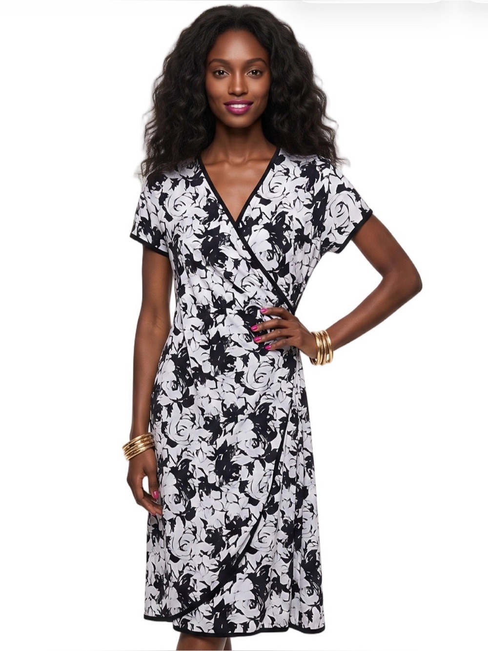 AMANDA Black white dainty print wrap dress V neck Short sleeve midi kimono like